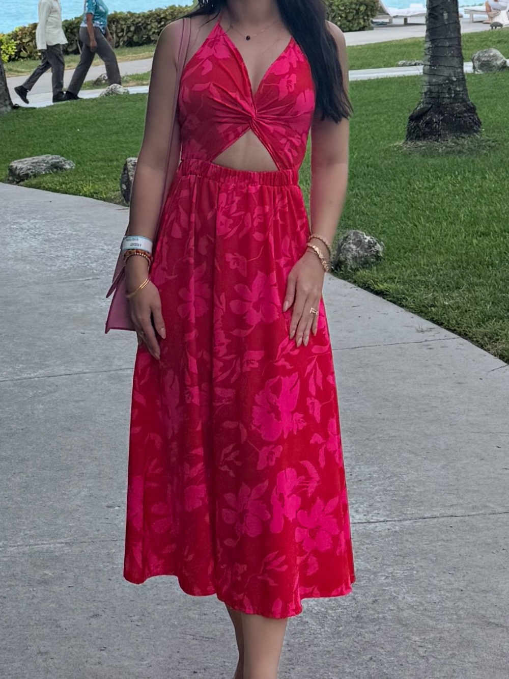 Women's Fuchsia Floral Cutout Midi Dress